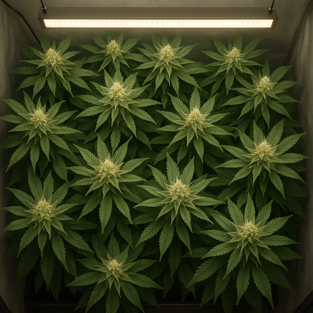 Master Kush Feminized SCROG canopy indoor grow room