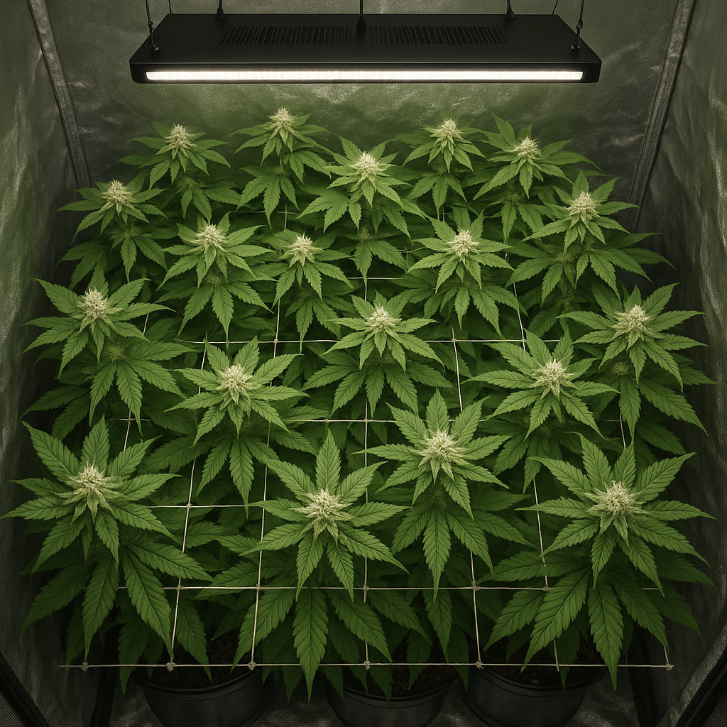 OG Kush Feminized SCROG canopy indoor grow room